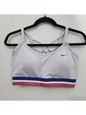 Nike Womens Dri-Fit Sports Bra L Strappy Back Light Gray With Red & Blue Trim